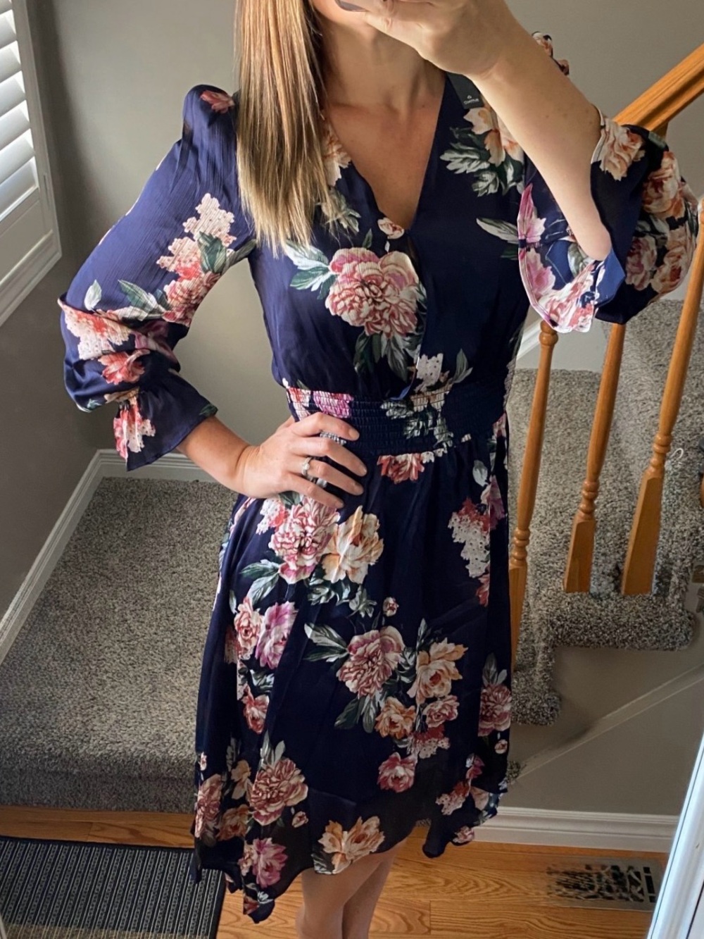Boho Chic Midi Dress - Navy Floral Sheer Long Sleeve Dress